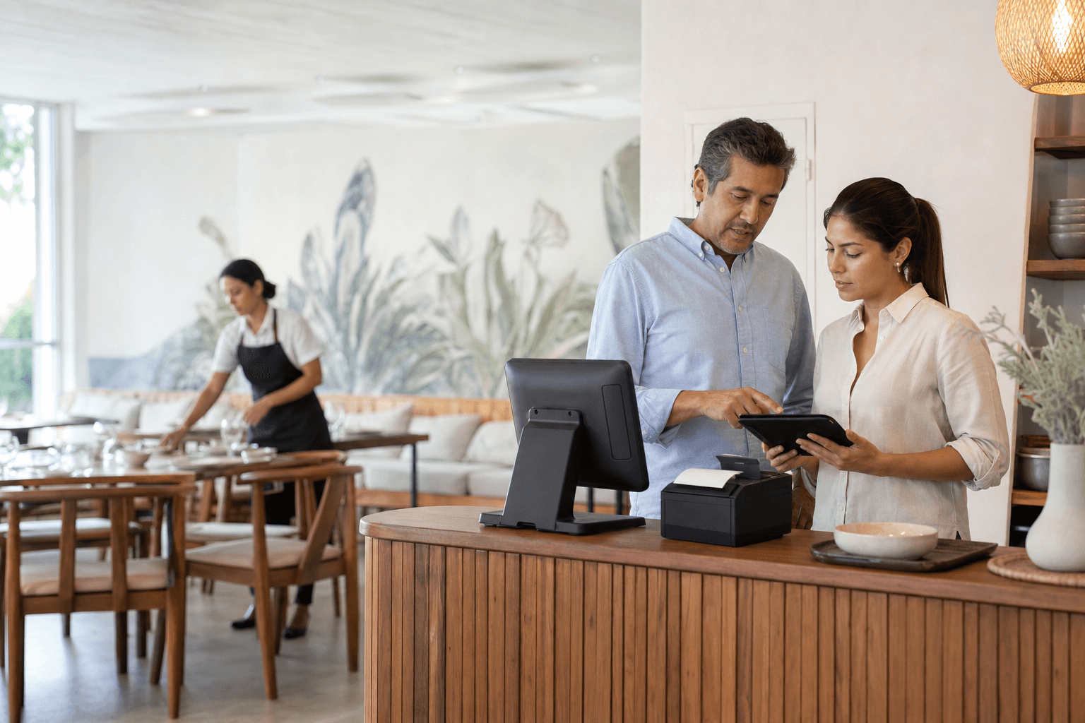 Equipo de restaurante configura su punto de venta antes del primer servicio