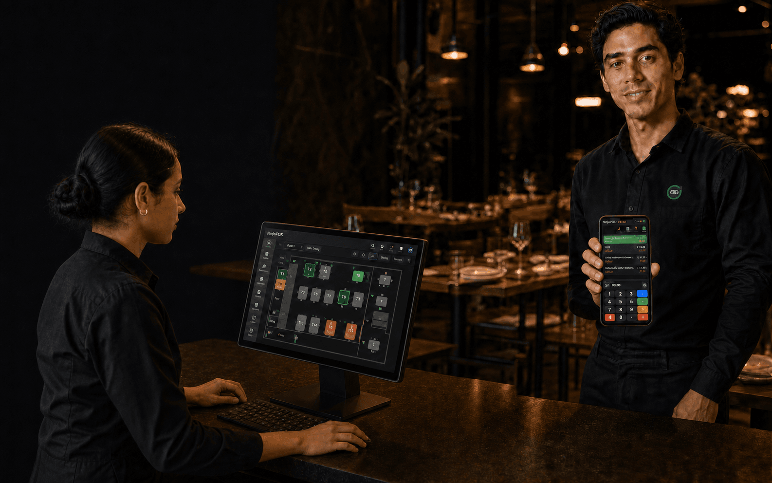 Administradora y mozo consultan Ninja POS en tiempo real, con mesas en distintos estados
